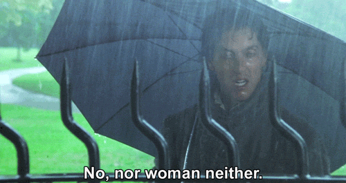 Man in rain saying "No nor woman neither"